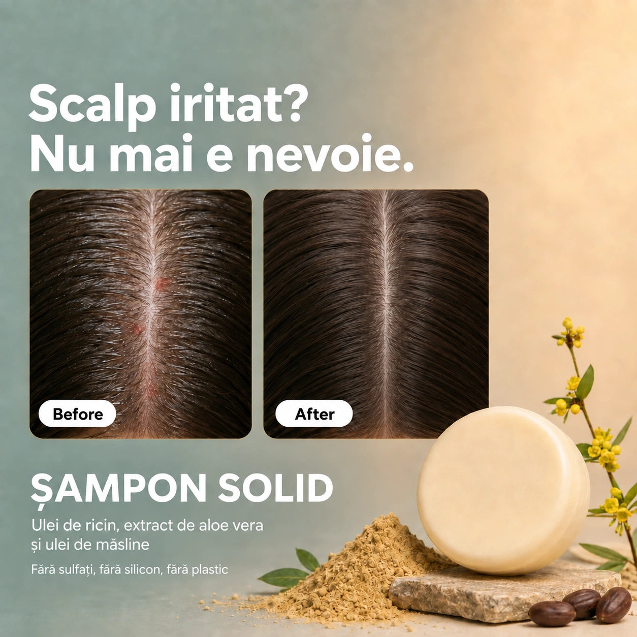 Șampon solid natural pentru scalp iritat – Reduce iritația, disconfortul, senzația de scalp gras și mâncărimea.