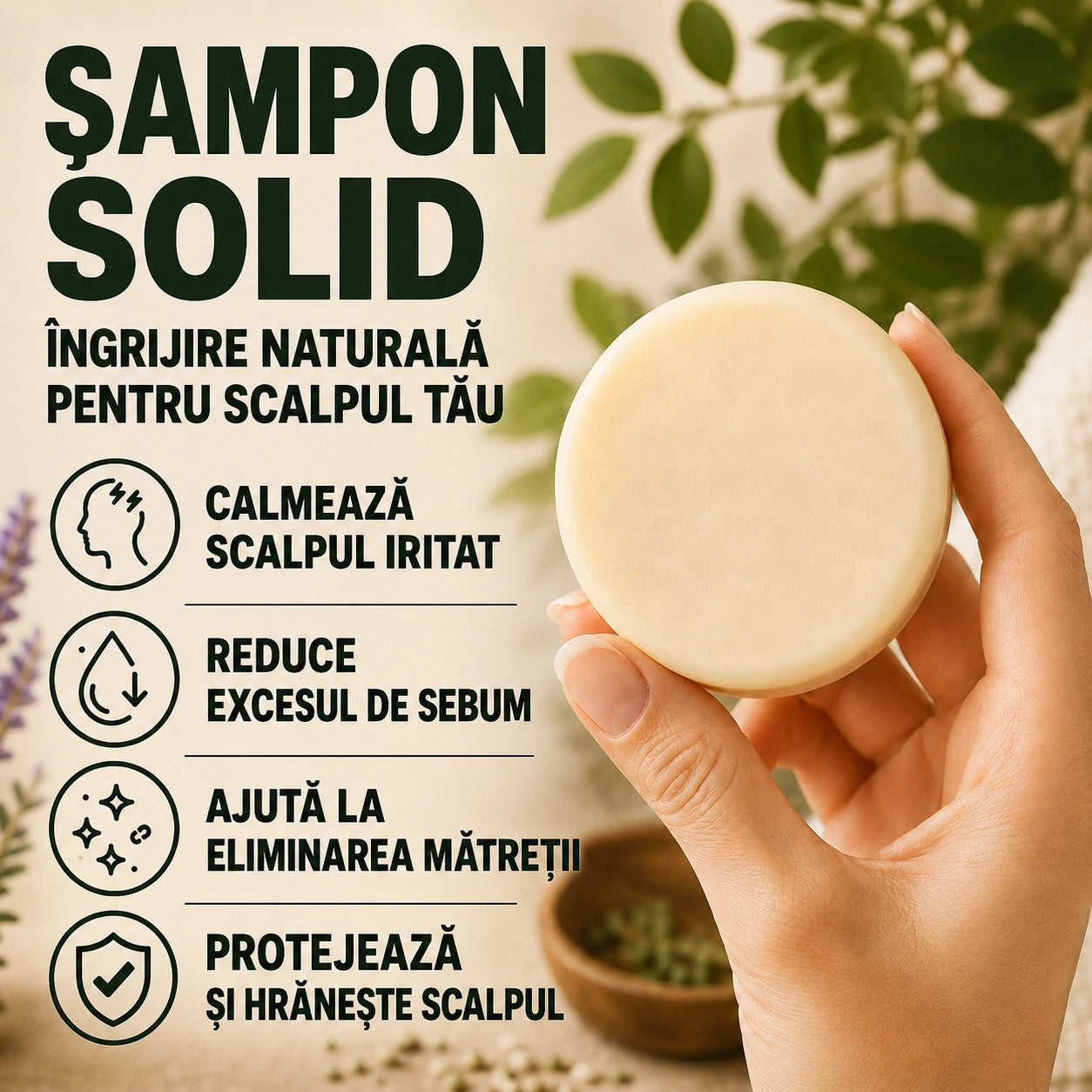 Șampon solid natural pentru scalp iritat – Reduce iritația, disconfortul, senzația de scalp gras și mâncărimea.