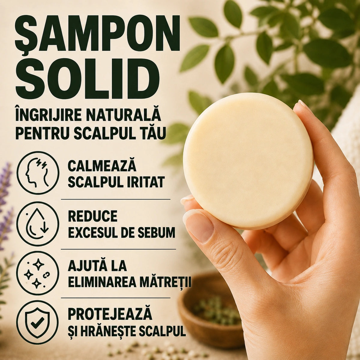 Șampon solid natural pentru scalp iritat – Reduce iritația, disconfortul, senzația de scalp gras și mâncărimea.