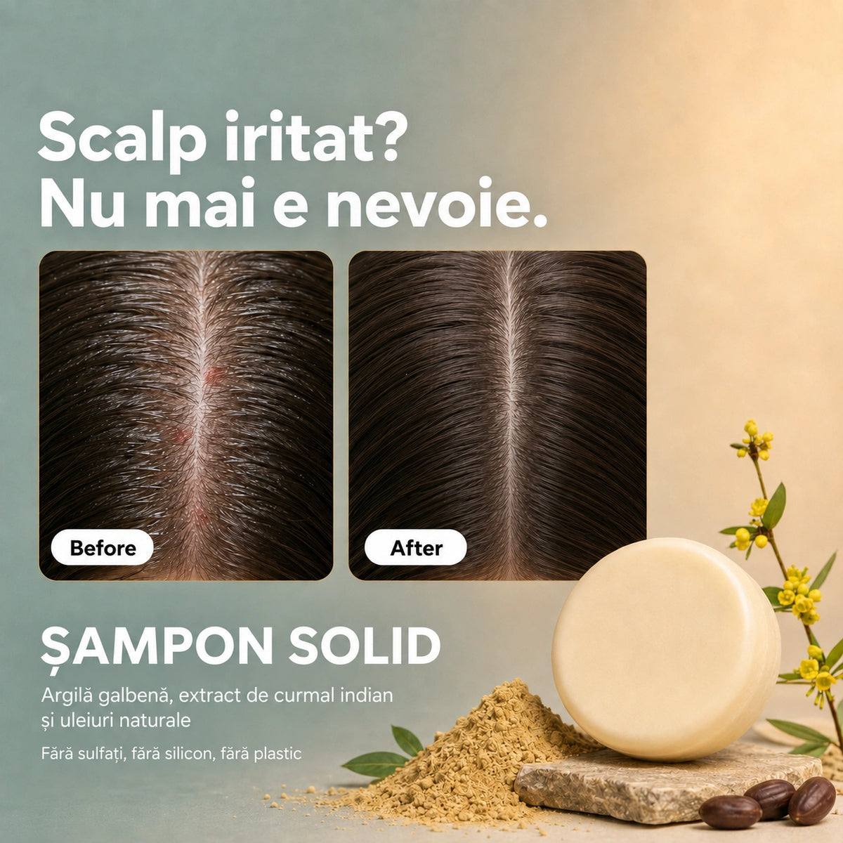 Șampon solid natural pentru scalp iritat – Reduce iritația, disconfortul, senzația de scalp gras și mâncărimea.