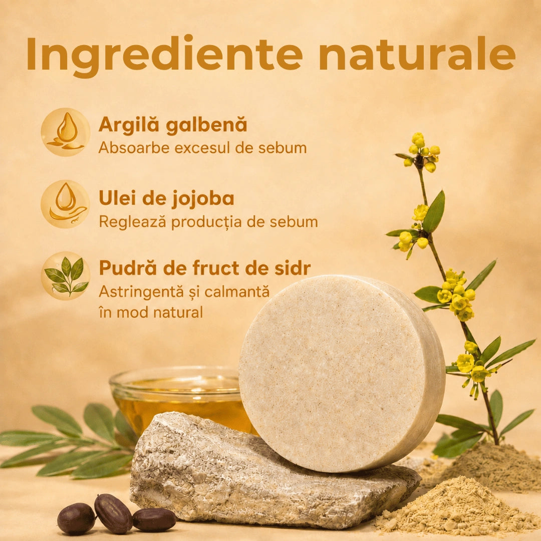 Șampon solid natural pentru scalp iritat – Reduce iritația, disconfortul, senzația de scalp gras și mâncărimea.