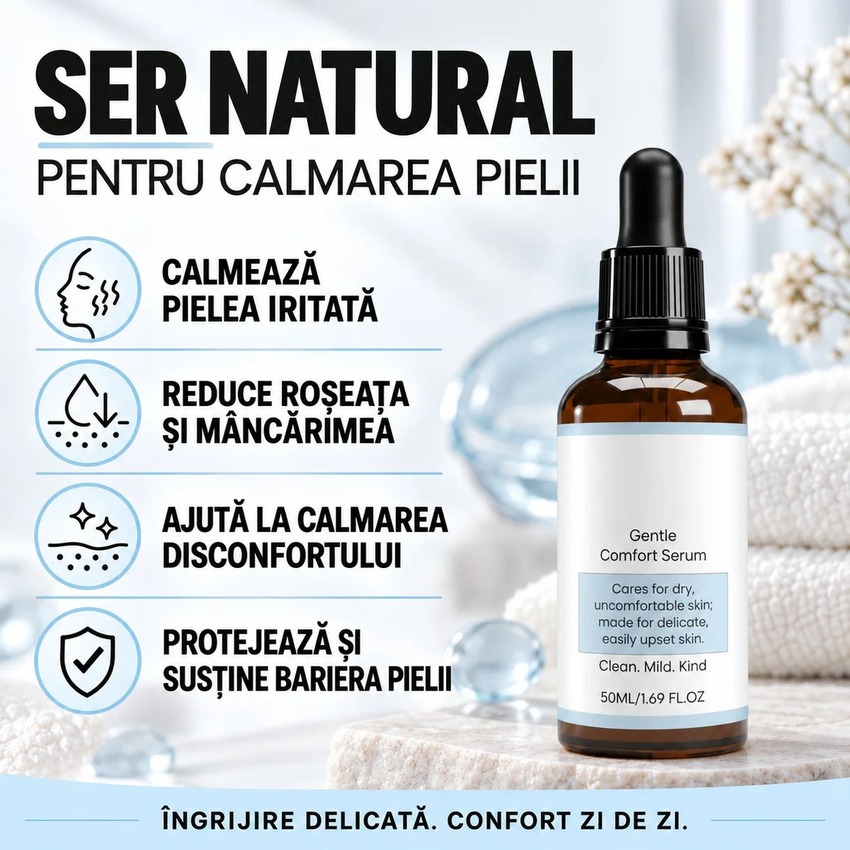Ser natural pentru calmarea pielii iritate – Reduce roșeața, mâncărimile, descuamarea și senzația de disconfort a pielii.