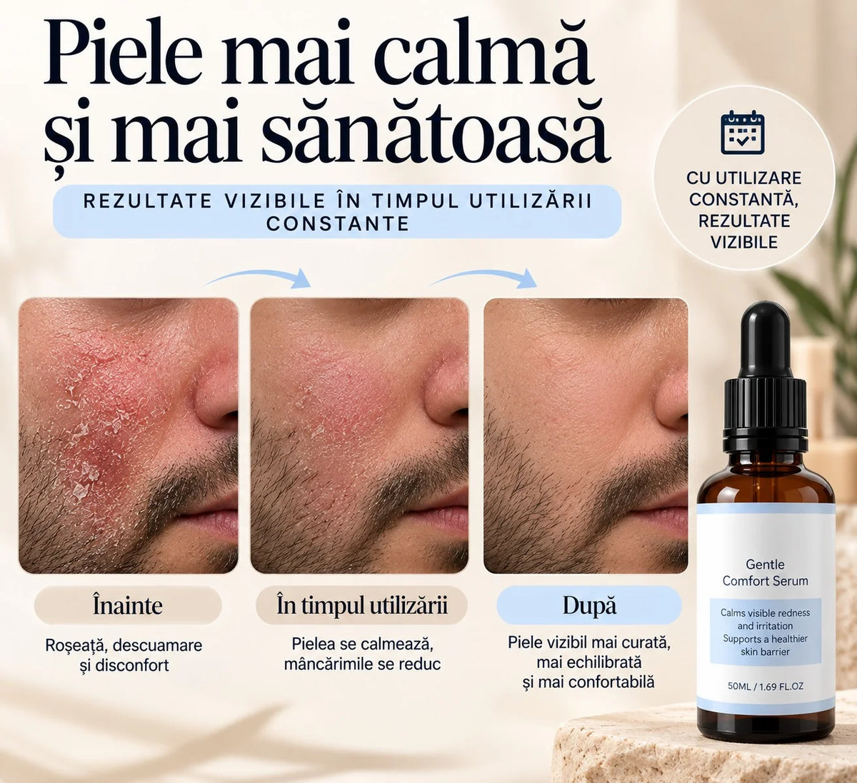 Ser natural pentru calmarea pielii iritate – Reduce roșeața, mâncărimile, descuamarea și senzația de disconfort a pielii.