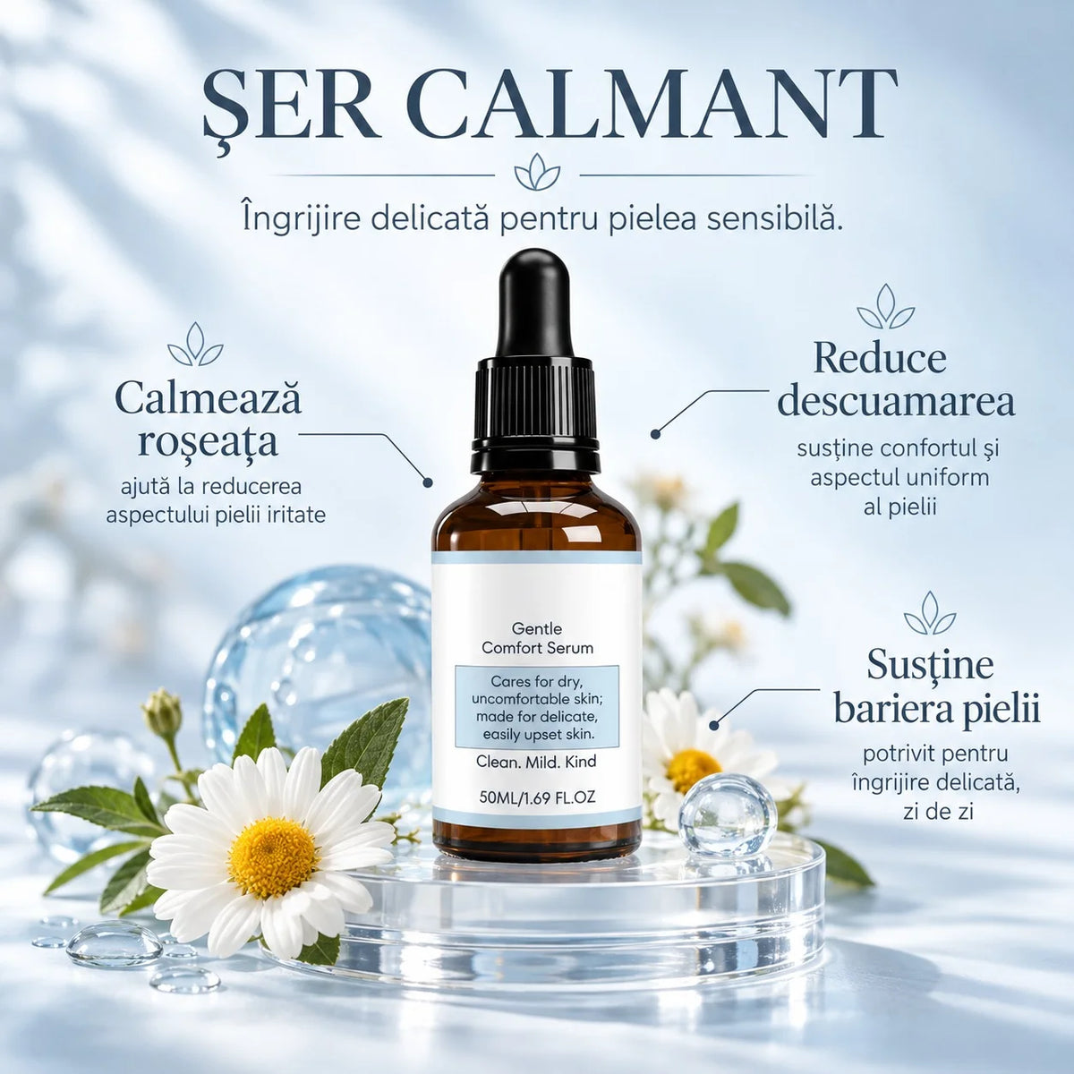 Ser natural pentru calmarea pielii iritate – Reduce roșeața, mâncărimile, descuamarea și senzația de disconfort a pielii.