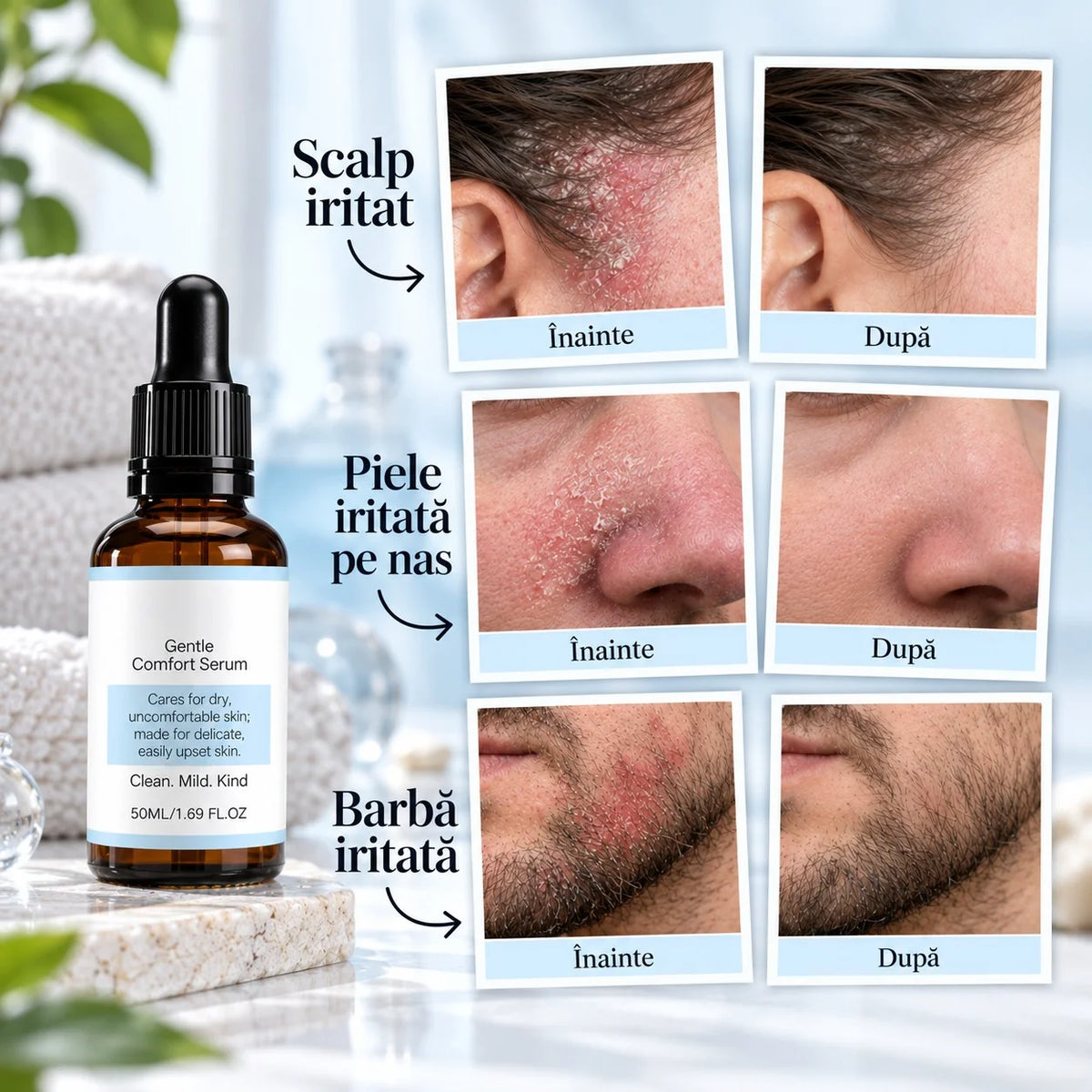 Ser natural pentru calmarea pielii iritate – Reduce roșeața, mâncărimile, descuamarea și senzația de disconfort a pielii.